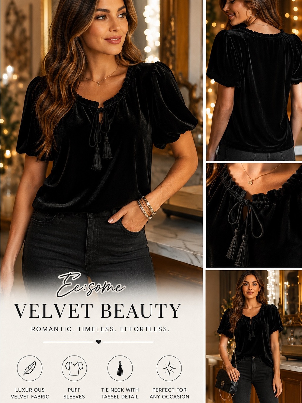 eesome Black Velvet Puff Sleeve Top with Tassel Tie